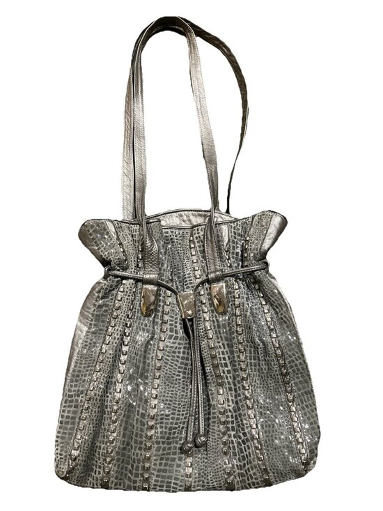 Mina Handbags - Silver Pewter Studded Leather Shoulder Bag Reptile Animal Print USA Mina